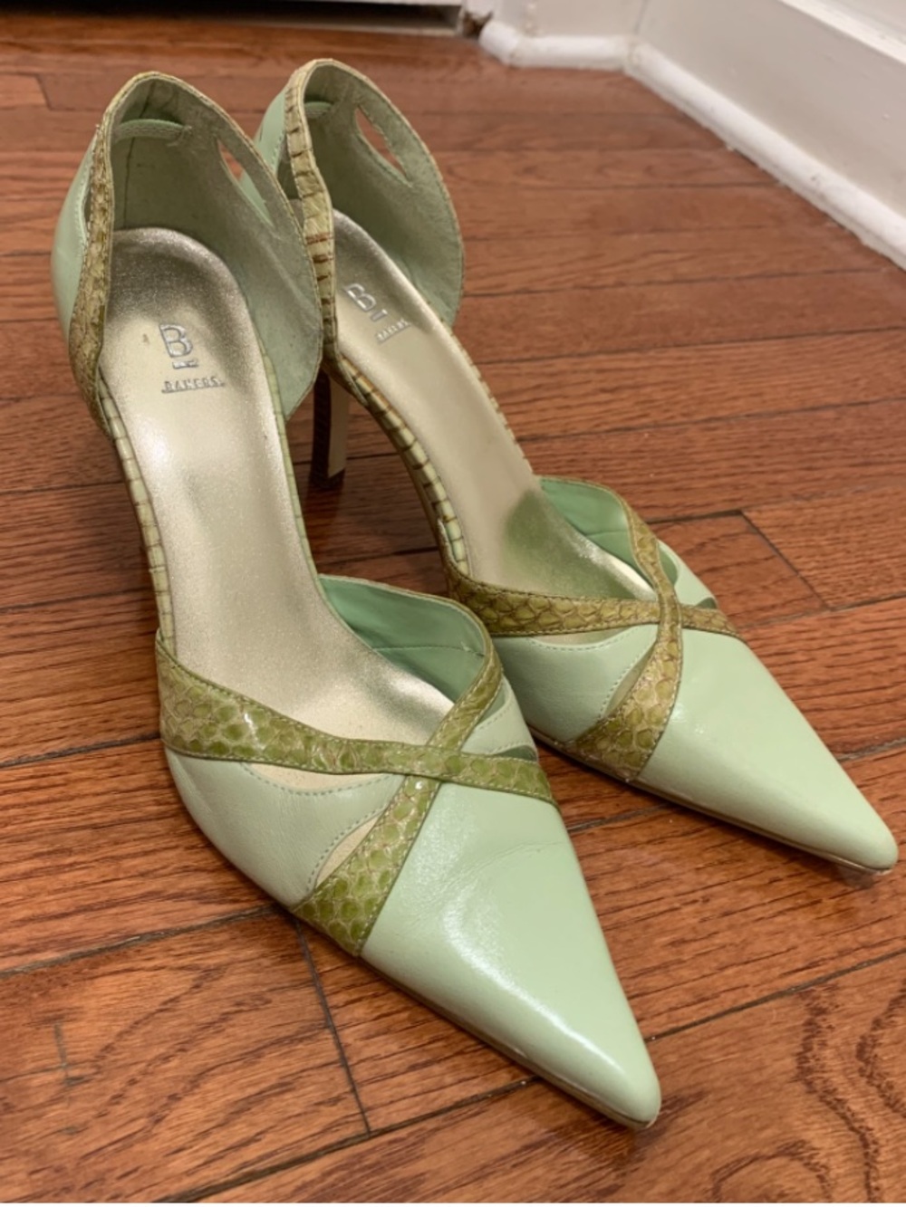 Bakers Mint Green Pointed Toe Snake-Trim Stiletto Heels